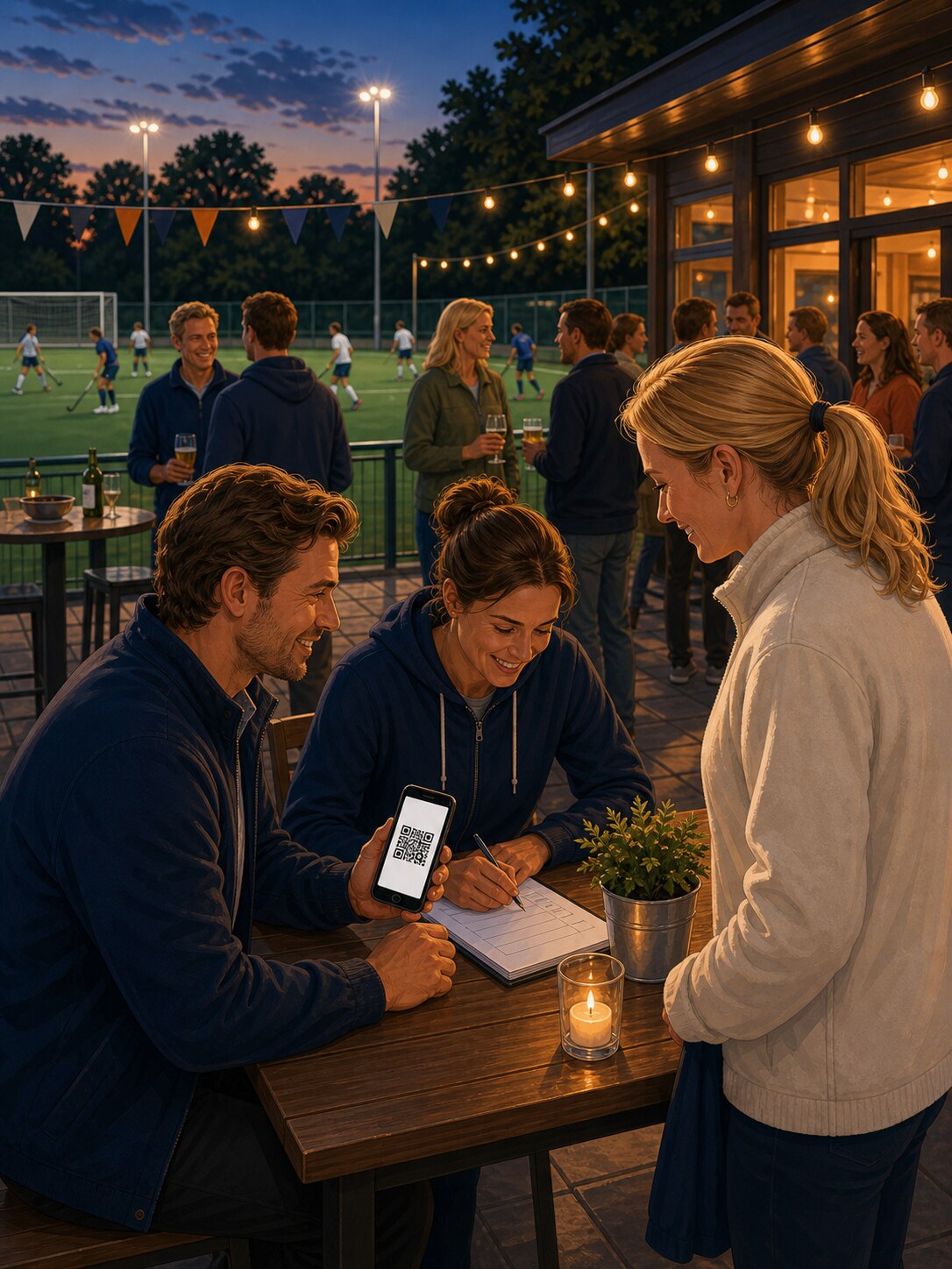 Illustrated volunteers checking tickets at a hockey club party