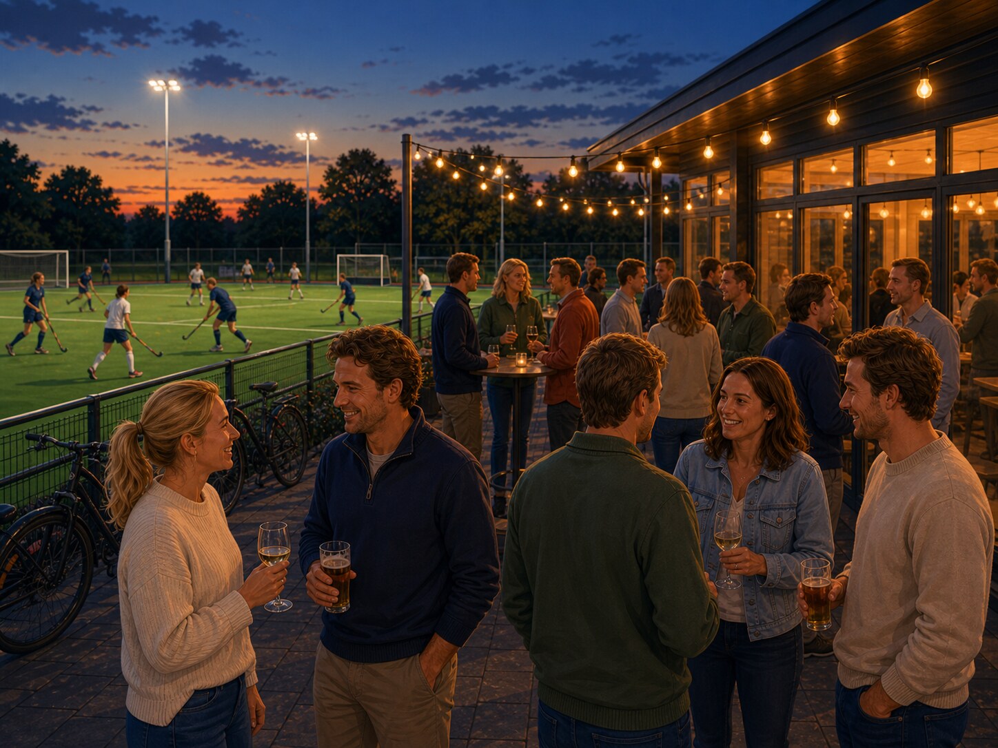 Illustrated hockey club members at an evening party on a clubhouse terrace