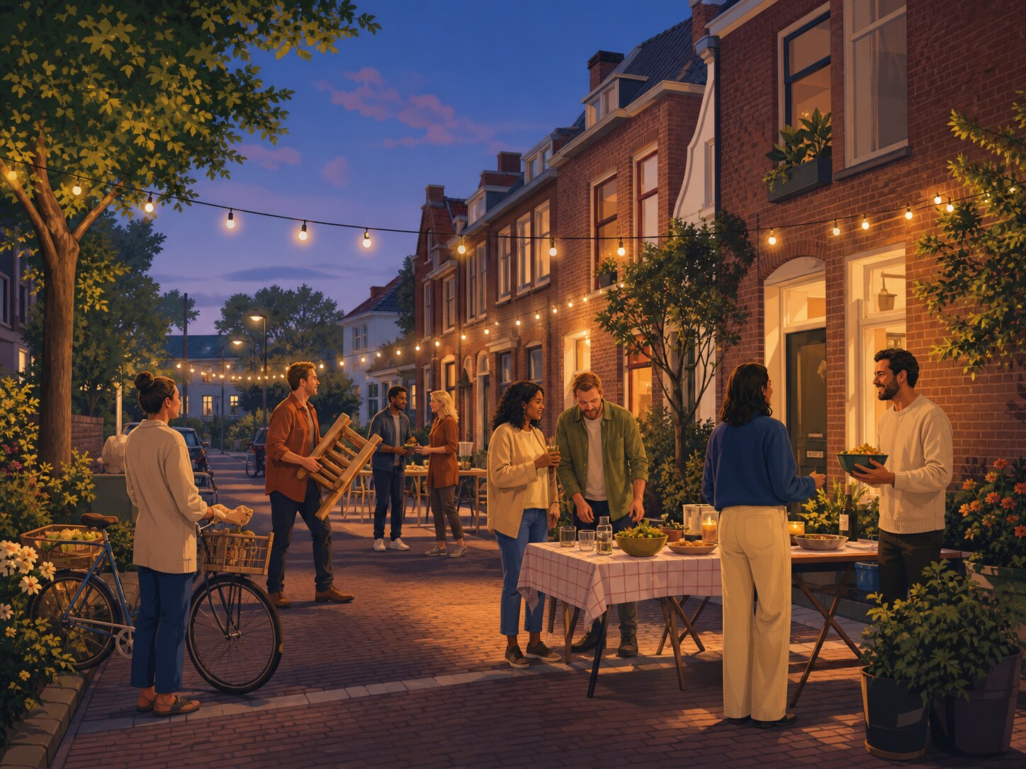 Illustrated neighbours gathering at a neighbourhood party organized with Zoticket
