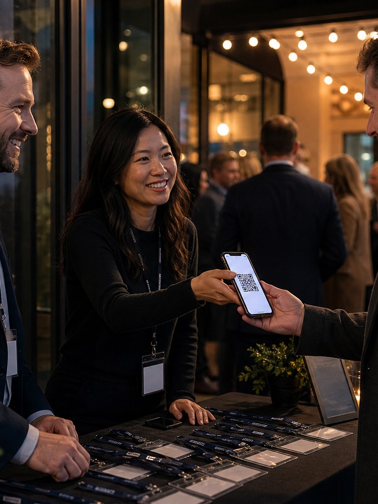 Illustrated volunteers welcoming guests at a network meeting