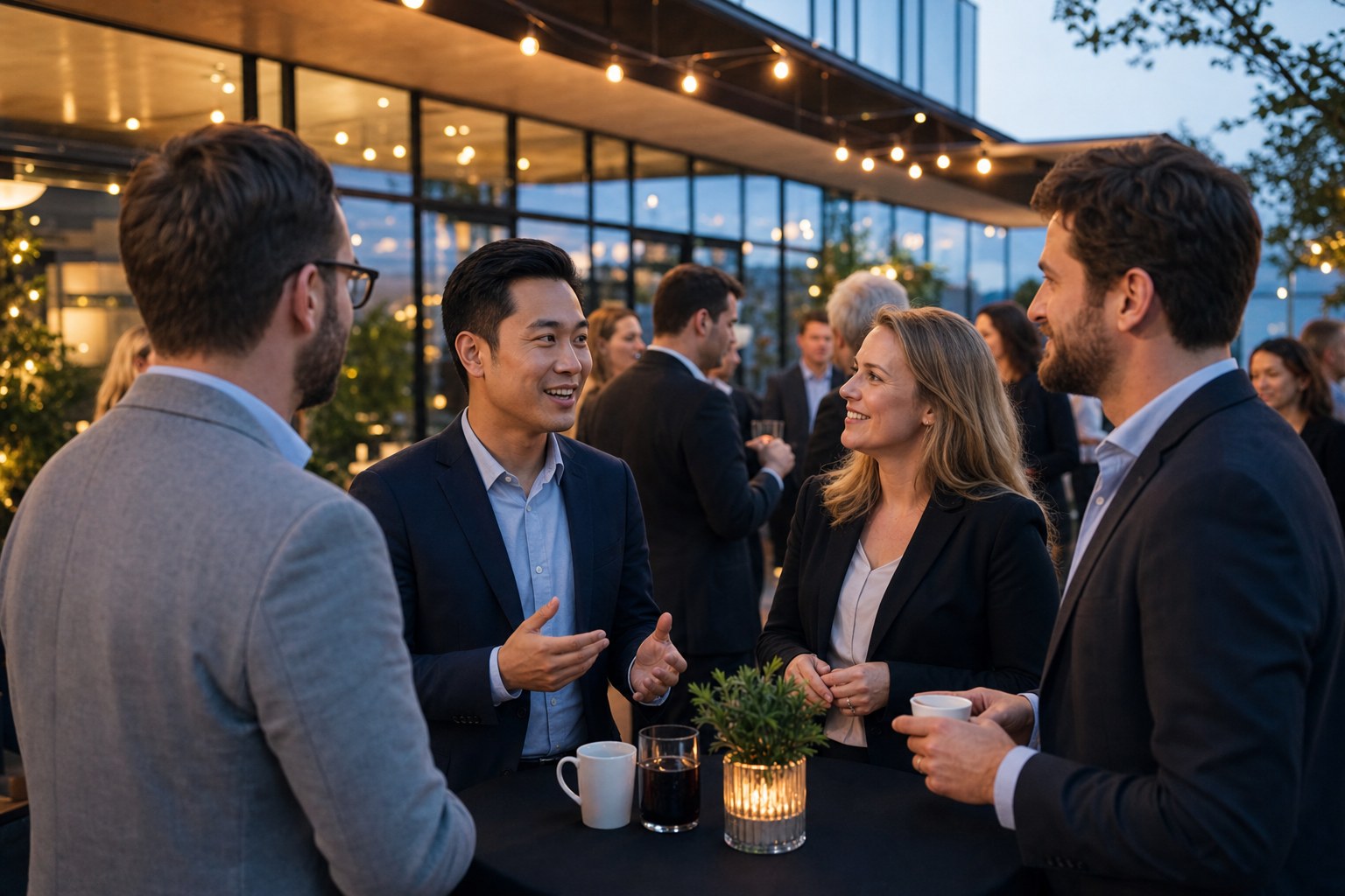 Illustrated professionals mingling at a network meeting organized with Zoticket